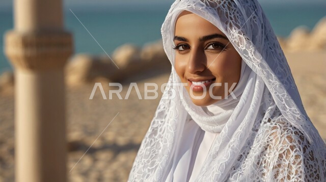 الاهتمام بالمظهر الخارجي، النظر إلى الكاميرا بإيماءات الثقة بالنفس، مفهوم الأنوثة والنعومة، صورة مقربة لامرأة عربية خليجية سعودية محجبة ترتدي عباءة بيضاء، حجابات نسائية عصريه حديثه