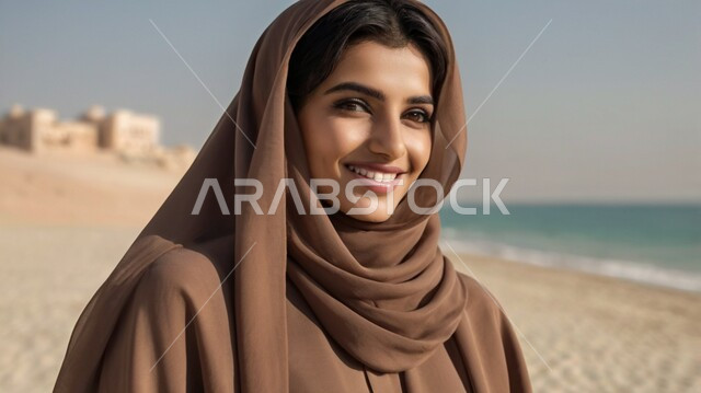 الاهتمام بالمظهر الخارجي، النظر إلى الكاميرا بإيماءات الثقة بالنفس، مفهوم الأنوثة والنعومة، حجابات نسائية عصريه حديثه، صورة مقربة لامرأة عربية خليجية سعودية محجبة ترتدي عباءة بنية