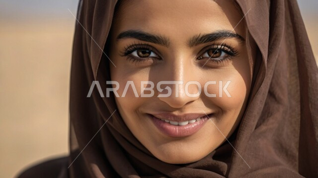 Looking at the camera with gestures of self-confidence, the concept of femininity and softness, modern contemporary women's hijabs, interest in external appearance, a close-up of a veiled Saudi Arabian Gulf woman wearing a brown abaya