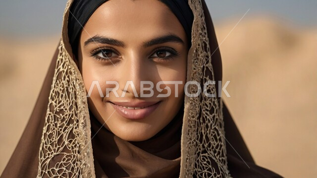 مفهوم الأنوثة والنعومة، حجابات نسائية عصريه حديثه، النظر إلى الكاميرا بإيماءات الثقة بالنفس، الاهتمام بالمظهر الخارجي، صورة مقربة لامرأة عربية خليجية سعودية محجبة ترتدي عباءة بنية