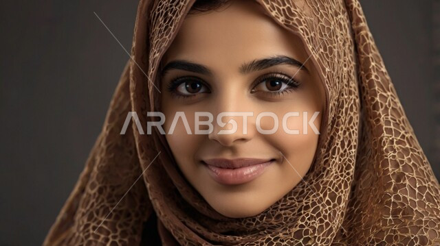 Concern about appearance, looking at the camera with gestures of self-confidence, the concept of femininity and softness, modern contemporary women's hijabs, a close-up portrait of a veiled Saudi Arabian Gulf woman wearing a brown abaya