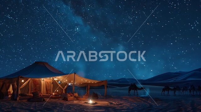 جلسة ليلية هادئة أمام الفوانيس المعدنية المضيئة، أجواء التخييم الشبابية الممتعة، خيام شعبية في المناطق الصحراوية، مخيمات سياحية في صحاري المملكة العربية السعودية، الطبيعة والرمال الذهبية الناعمة،المغامرات والكشتات البرية، الاستمتاع بنيران الحطب المشتعلة