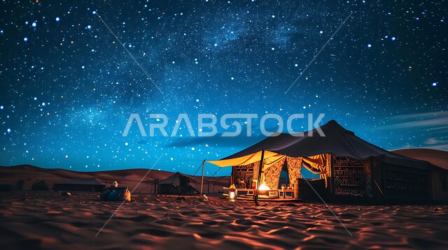 Quiet night session in front of the illuminated metal lanterns, fun youth camping atmosphere, popular tents in desert areas, tourist camps in the deserts of the Kingdom of Saudi Arabia, nature and soft golden sands, adventures and wild outings, enjoying the burning wood fire