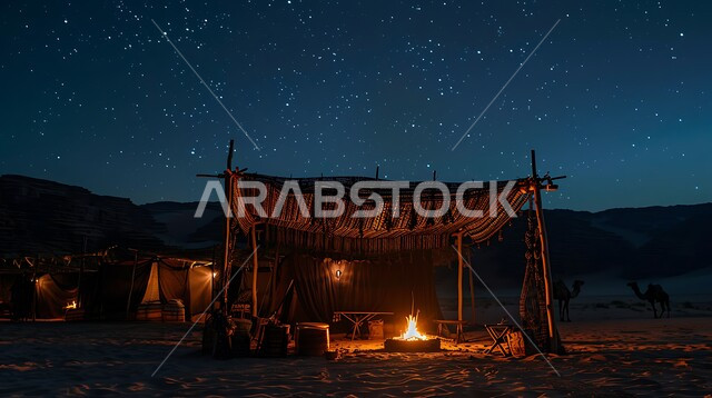 جلسة ليلية هادئة أمام الفوانيس المعدنية المضيئة، أجواء التخييم الشبابية الممتعة، خيام شعبية في المناطق الصحراوية، مخيمات سياحية في صحاري المملكة العربية السعودية، الطبيعة والرمال الذهبية الناعمة،المغامرات والكشتات البرية، الاستمتاع بنيران الحطب المشتعلة