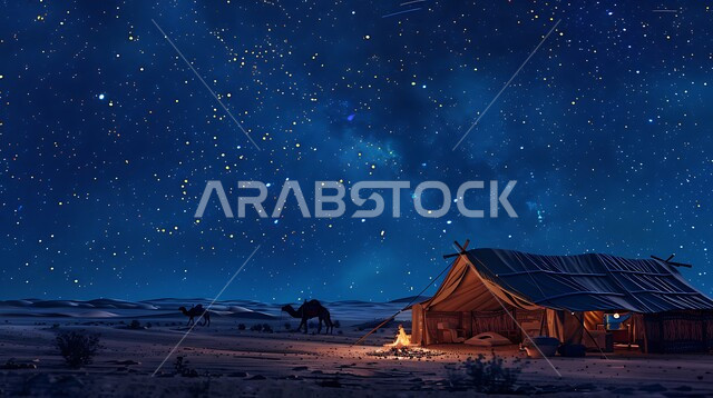 جلسة ليلية هادئة أمام الفوانيس المعدنية المضيئة، أجواء التخييم الشبابية الممتعة، خيام شعبية في المناطق الصحراوية، مخيمات سياحية في صحاري المملكة العربية السعودية، الطبيعة والرمال الذهبية الناعمة،المغامرات والكشتات البرية، الاستمتاع بنيران الحطب المشتعلة