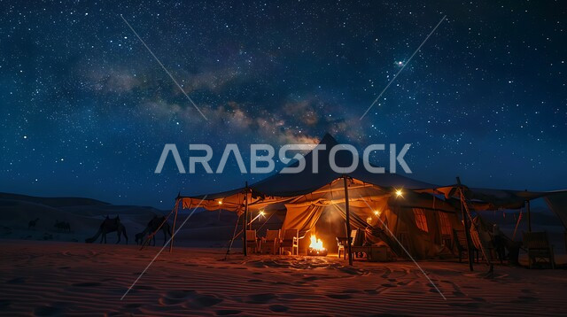 مخيمات سياحية في صحاري المملكة العربية السعودية، خيام شعبية في المناطق الصحراوية، الطبيعة والرمال الذهبية الناعمة، أجواء التخييم الشبابية الممتعة، المغامرات والكشتات البرية، جلسة ليلية هادئة أمام الفوانيس المعدنية المضيئة، الاستمتاع بنيران الحطب المشتعلة