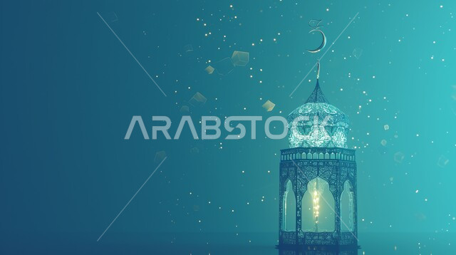 Celebrating the advent of the holy month of Ramadan, a metal lamp with creative designs, a illuminated Ramadan lantern, Islamic designs, Ramadan decorations and decorations, a traditional Arabic lantern, Ramadan lighting, a Ramadan atmosphere