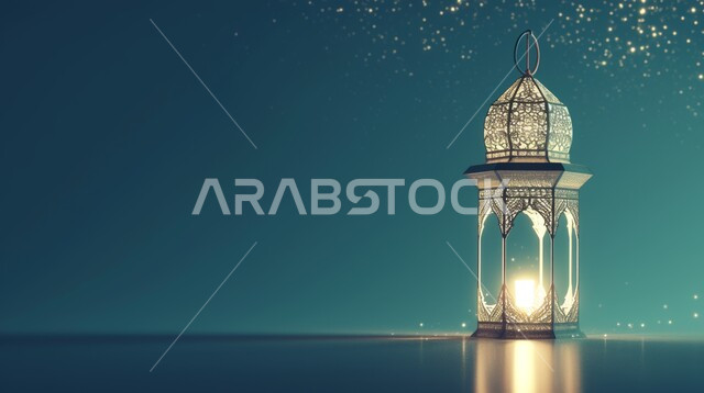 فوانيس و تحف اسلامية للإحتفال بقدوم شهر الخير، مصباح عربي تقليدي معدني مزخرف مضيئ ، إضاءة وزينة شهر رمضان، ديكورات وأنوار في الأجواء الرمضانية الروحانية، خلفية زرقاء