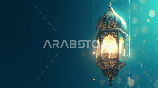 فوانيس و تحف اسلامية للإحتفال بقدوم شهر الخير، مصباح عربي تقليدي معدني مزخرف مضيئ ، إضاءة وزينة شهر رمضان، ديكورات وأنوار في الأجواء الرمضانية الروحانية، خلفية زرقاء