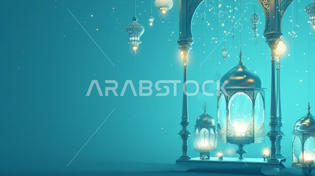 فوانيس و تحف اسلامية للإحتفال بقدوم شهر الخير، مصباح عربي تقليدي معدني مزخرف مضيئ ، إضاءة وزينة شهر رمضان، ديكورات وأنوار في الأجواء الرمضانية الروحانية، خلفية زرقاء
