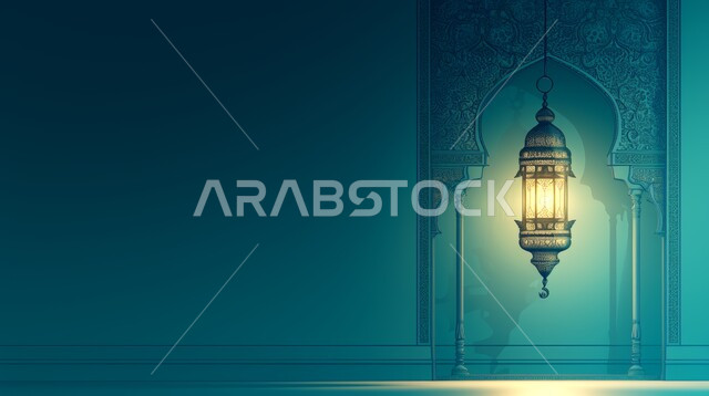 Celebrating the advent of the holy month of Ramadan, a metal lamp with creative designs, a illuminated Ramadan lantern, Islamic designs, Ramadan decorations and decorations, a traditional Arabic lantern, Ramadan lighting, a Ramadan atmosphere