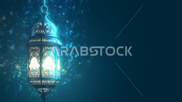 مصباح عربي تقليدي معدني مزخرف, إضاءة وزينة شهر رمضان، فوانيس و تحف اسلامية للإحتفال بقدوم شهر الخير، ديكورات وأنوار في الأجواء الرمضانية الروحانية، خلفية زرقاء