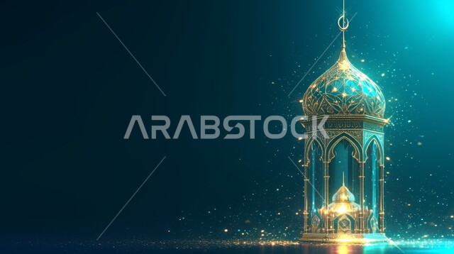 مصباح عربي تقليدي معدني مزخرف, إضاءة وزينة شهر رمضان، فوانيس و تحف اسلامية للإحتفال بقدوم شهر الخير، ديكورات وأنوار في الأجواء الرمضانية الروحانية، خلفية زرقاء