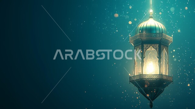 مصباح عربي تقليدي معدني مزخرف, إضاءة وزينة شهر رمضان، فوانيس و تحف اسلامية للإحتفال بقدوم شهر الخير، ديكورات وأنوار في الأجواء الرمضانية الروحانية، خلفية زرقاء