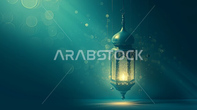 مصباح عربي تقليدي معدني مزخرف, إضاءة وزينة شهر رمضان، فوانيس و تحف اسلامية للإحتفال بقدوم شهر الخير، ديكورات وأنوار في الأجواء الرمضانية الروحانية، خلفية زرقاء