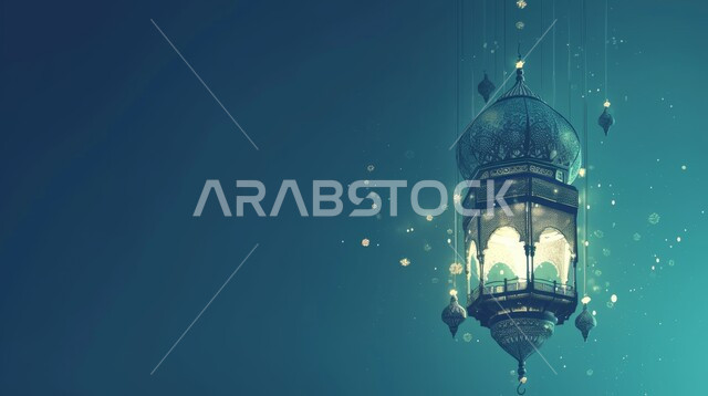 مصباح عربي تقليدي معدني مزخرف, إضاءة وزينة شهر رمضان، فوانيس و تحف اسلامية للإحتفال بقدوم شهر الخير، ديكورات وأنوار في الأجواء الرمضانية الروحانية، خلفية زرقاء