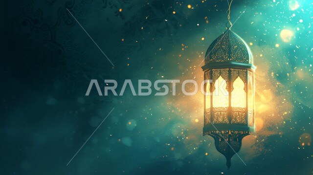 مصباح عربي تقليدي معدني مزخرف, إضاءة وزينة شهر رمضان، فوانيس و تحف اسلامية للإحتفال بقدوم شهر الخير، ديكورات وأنوار في الأجواء الرمضانية الروحانية، خلفية زرقاء