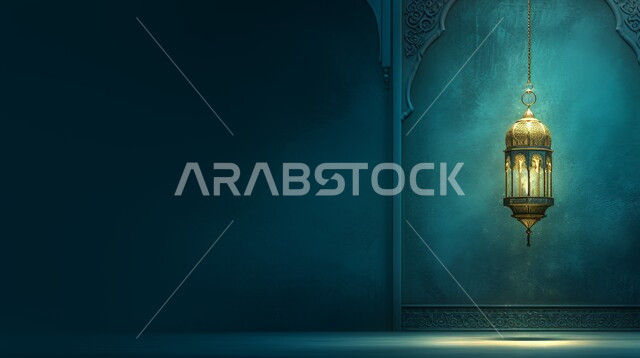 ديكورات وأنوار في الأجواء الرمضانية الروحانية, مناسبات اسلامية دينية , الاحتفال بقدوم شهر الخير، الفن الاسلامي للتحف والاكسسوارات، فانوس عربي معدني أزرق مزخرف مضيئ، إضاءة وزينة شهر رمضان المبارك، خلفية زرقاء
