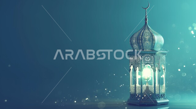 Decorations and lights in the spiritual Ramadan atmosphere, Islamic religious occasions, celebrating the coming of the month of goodness, Islamic art for antiques and accessories, a decorative blue metal Arabic lantern, lighting and decorations for the holy month of Ramadan, blue background
