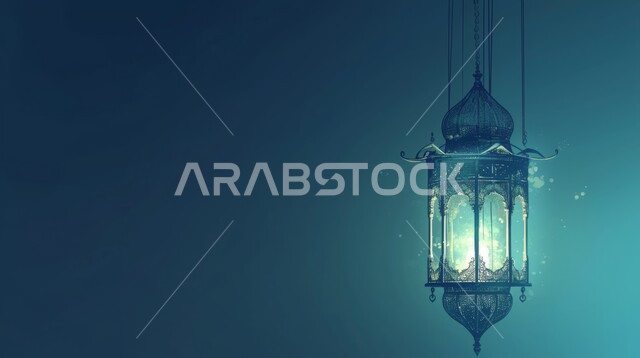 ديكورات وأنوار في الأجواء الرمضانية الروحانية, مناسبات اسلامية دينية , الاحتفال بقدوم شهر الخير، الفن الاسلامي للتحف والاكسسوارات، فانوس عربي معدني أزرق مزخرف مضيئ، إضاءة وزينة شهر رمضان المبارك، خلفية زرقاء