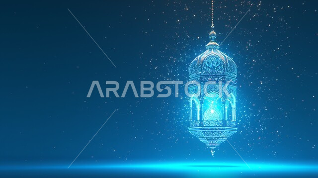 ديكورات وأنوار في الأجواء الرمضانية الروحانية, مناسبات اسلامية دينية , الاحتفال بقدوم شهر الخير، الفن الاسلامي للتحف والاكسسوارات، فانوس عربي معدني أزرق مزخرف مضيئ، إضاءة وزينة شهر رمضان المبارك، خلفية زرقاء