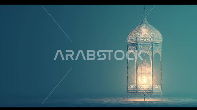 ديكورات وأنوار في الأجواء الرمضانية الروحانية, مناسبات اسلامية دينية , الاحتفال بقدوم شهر الخير، الفن الاسلامي للتحف والاكسسوارات، فانوس عربي معدني أزرق مزخرف مضيئ، إضاءة وزينة شهر رمضان المبارك، خلفية زرقاء