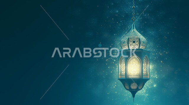 A decorative, illuminated blue metal Arabic lantern, decorations and lights in the spiritual Ramadan atmosphere, Islamic religious occasions, celebrating the coming of the month of goodness, Islamic art for antiques and accessories, lighting and decorations for the holy month of Ramadan, blue background