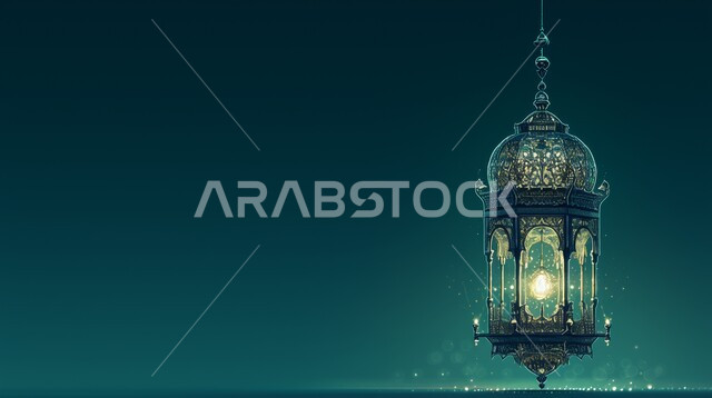 فانوس عربي معدني أزرق مزخرف مضيئ, ديكورات وأنوار في الأجواء الرمضانية الروحانية, مناسبات اسلامية دينية , الاحتفال بقدوم شهر الخير، الفن الاسلامي للتحف والاكسسوارات، إضاءة وزينة شهر رمضان المبارك، خلفية زرقاء