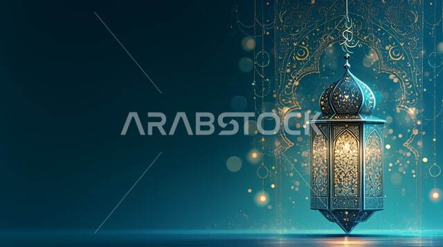 فانوس عربي معدني أزرق مزخرف مضيئ, ديكورات وأنوار في الأجواء الرمضانية الروحانية, مناسبات اسلامية دينية , الاحتفال بقدوم شهر الخير، الفن الاسلامي للتحف والاكسسوارات، إضاءة وزينة شهر رمضان المبارك، خلفية زرقاء
