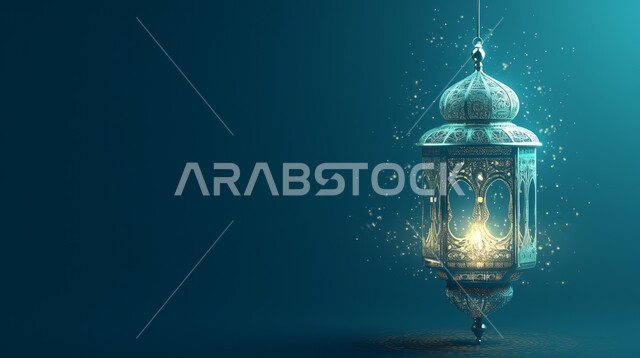فانوس عربي معدني أزرق مزخرف مضيئ, ديكورات وأنوار في الأجواء الرمضانية الروحانية, مناسبات اسلامية دينية , الاحتفال بقدوم شهر الخير، الفن الاسلامي للتحف والاكسسوارات، إضاءة وزينة شهر رمضان المبارك، خلفية زرقاء