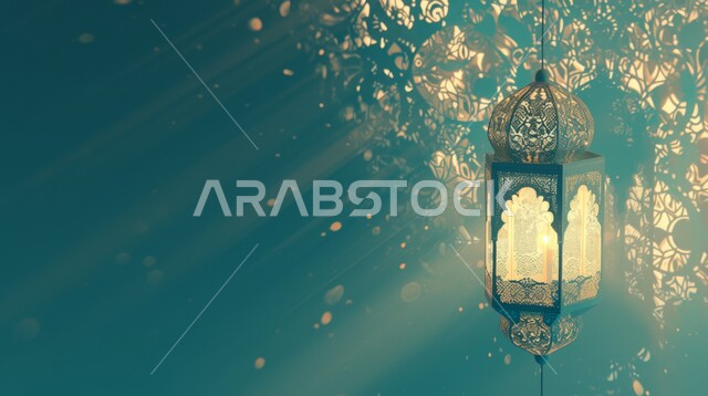 فانوس عربي معدني أزرق مزخرف مضيئ, ديكورات وأنوار في الأجواء الرمضانية الروحانية, مناسبات اسلامية دينية , الاحتفال بقدوم شهر الخير، الفن الاسلامي للتحف والاكسسوارات، إضاءة وزينة شهر رمضان المبارك، خلفية زرقاء