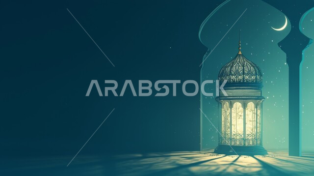 ديكورات وأنوار في الأجواء الرمضانية الروحانية, فانوس عربي معدني أزرق مزخرف مضيئ, مناسبات اسلامية دينية, الاحتفال بقدوم شهر الخير، الفن الاسلامي للتحف والاكسسوارات، إضاءة وزينة شهر رمضان المبارك، خلفية زرقاء
