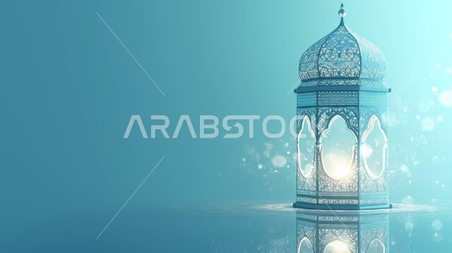 ديكورات وأنوار في الأجواء الرمضانية الروحانية, فانوس عربي معدني أزرق مزخرف مضيئ, مناسبات اسلامية دينية, الاحتفال بقدوم شهر الخير، الفن الاسلامي للتحف والاكسسوارات، إضاءة وزينة شهر رمضان المبارك، خلفية زرقاء