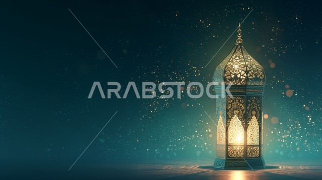 Decorations and lights in the spiritual Ramadan atmosphere, a decorative, illuminated blue metal Arabic lantern, Islamic religious occasions, celebrating the coming of the month of goodness, Islamic art of antiques and accessories, lighting and decorations for the holy month of Ramadan, blue background