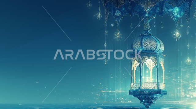 ديكورات وأنوار في الأجواء الرمضانية الروحانية, فانوس عربي معدني أزرق مزخرف مضيئ, مناسبات اسلامية دينية, الاحتفال بقدوم شهر الخير، الفن الاسلامي للتحف والاكسسوارات، إضاءة وزينة شهر رمضان المبارك، خلفية زرقاء