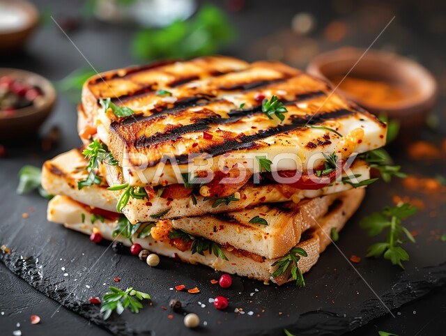 المطاعم العربية في المملكة العربية السعودية، صورة مقربة لساندوتش جبن الحلوم المشوي مع البقدونس والطماطم، المأكولات الشهية مع الخضراوات, وجبات الطعام السريعة الشهية، وصفات الأكل اللذيذة