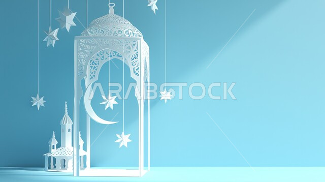 مجسم ثلاثي الأبعاد لفانوس بجانب مسجد صغير، الاحتفال بقدوم شهر رمضان المبارك، زينة وفوانيس معلقة مضيئة، مناسبات وأعياد دينية إسلامية، خلفية زرقاء