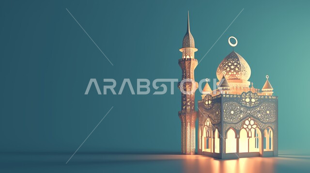 مجسم توضيحي ثلاثي الأبعاد لمسجد مضيء،  تصاميم على الطراز العربي الإسلامي، الفن الهندسي المعماري للمساجد, رموز وأيقونات دينية إسلامية، العبادة والتقرب إلى الله تعالى, خلفية زرقاء