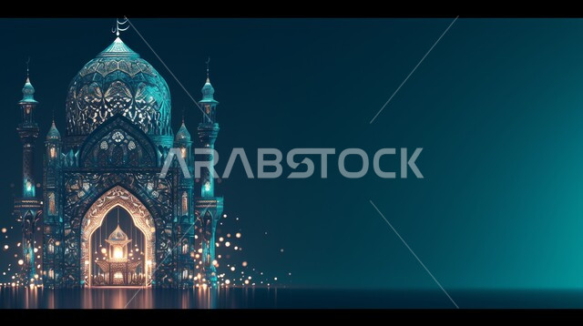 مجسم توضيحي ثلاثي الأبعاد لمسجد بوسطه فانوس مضيء، تصاميم على الطراز العربي الإسلامي، الفن الهندسي المعماري للمساجد, رموز وأيقونات دينية إسلامية، العبادة والتقرب إلى الله تعالى, خلفية زرقاء
