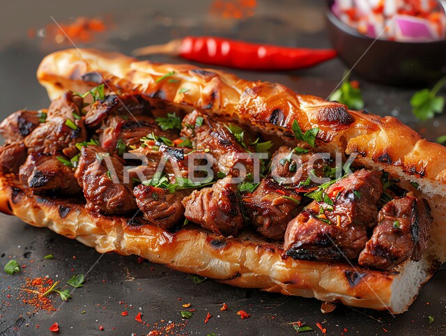 المطاعم العربية في المملكة العربية السعودية, ساندويتش لحم مشوي مع مع الفلفل الحار, المأكولات الشهية مع الخضراوات والصلصات ,وصفات الأكل اللذيذة ,وجبات الطعام السريعة الشهية