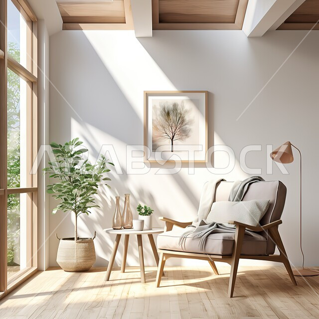 Distinctive wooden interior decoration, interest in green ornamental plants, the concept of calm and comfort, a comfortable sofa in the corner of a house overlooking the natural scenery, huge glass facades in one of the villas and residential apartments in the Kingdom of Saudi Arabia