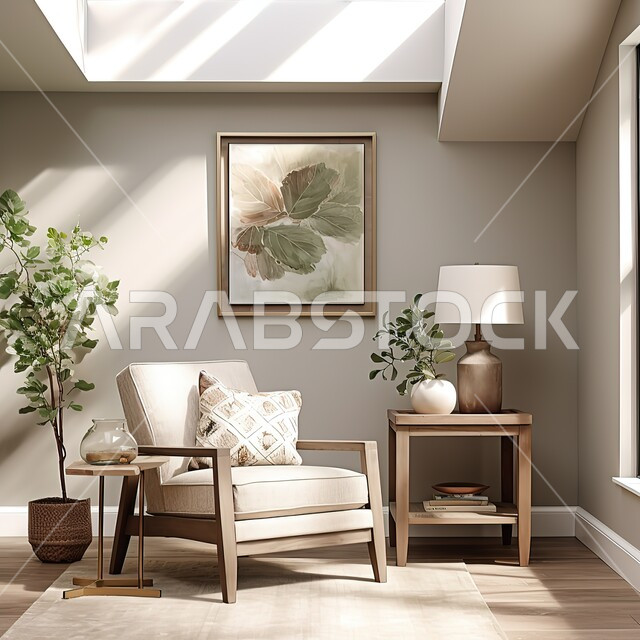  أريكة مريحة في زاوية منزل بديكور داخلي خشبي مميز, لوحات فنية معلقة ,الفلل والشقق السكنية في المملكة العربية السعودية ,الاهتمام في نباتات الزينة الخضراء, مفهوم الهدوء و الراحة