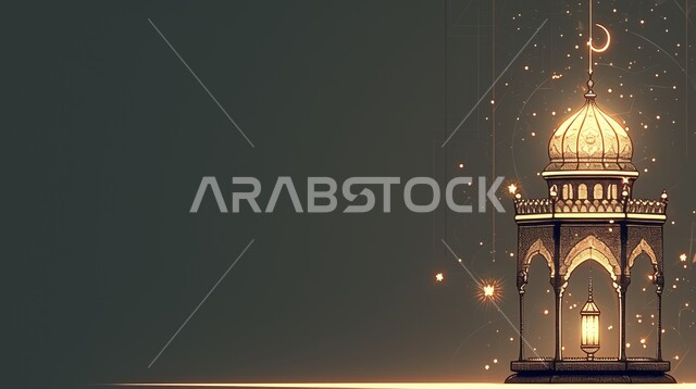 مجسم توضيحي ثلاثي الأبعاد لمسجد مضيء،  تصاميم على الطراز العربي الإسلامي، الفن الهندسي المعماري للمساجد, رموز وأيقونات دينية إسلامية، العبادة والتقرب إلى الله تعالى.