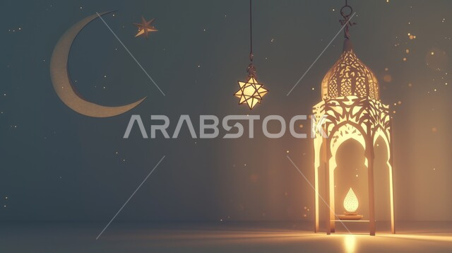 مجسم توضيحي ثلاثي الأبعاد لمسجد مضيء،  تصاميم على الطراز العربي الإسلامي، الفن الهندسي المعماري للمساجد, رموز وأيقونات دينية إسلامية، العبادة والتقرب إلى الله تعالى.