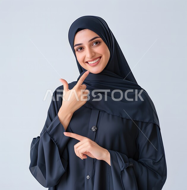  إيماءات وجه تدل على الفرح و السرور، بورتريه لمرأة عربية خليجية سعودية محجبة ترتدي العباءة  تشير بإصبع السبابة للاعلى،  تقوم بإيماءات يد مختلفة، خلفية زرقاء