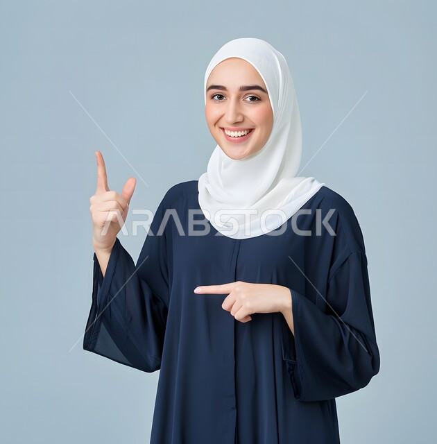  إيماءات وجه تدل على الفرح و السرور، بورتريه لمرأة عربية خليجية سعودية محجبة ترتدي العباءة  تشير بإصبع السبابة للاعلى،  تقوم بإيماءات يد مختلفة، خلفية زرقاء