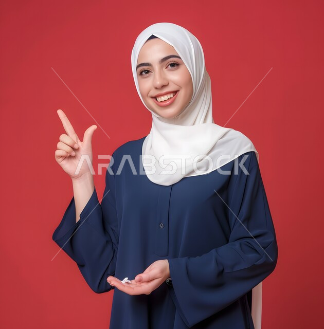  إيماءات وجه تدل على الفرح و السرور، بورتريه لمرأة عربية خليجية سعودية محجبة ترتدي العباءة  تشير بإصبع السبابة للاعلى،  تقوم بإيماءات يد مختلفة، خلفية حمراء