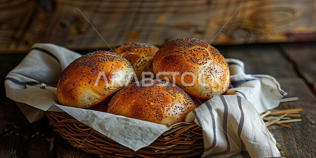 Breakfast of healthy and delicious bread slices, delicious fresh Arabic pastries and baked goods, healthy foods and meals, recipes and food dishes