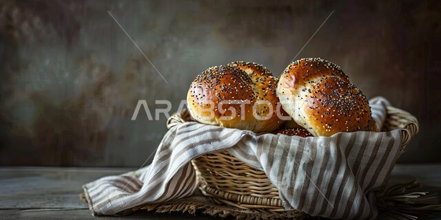 Breakfast of healthy and delicious bread slices, delicious fresh Arabic pastries and baked goods, healthy foods and meals, recipes and food dishes