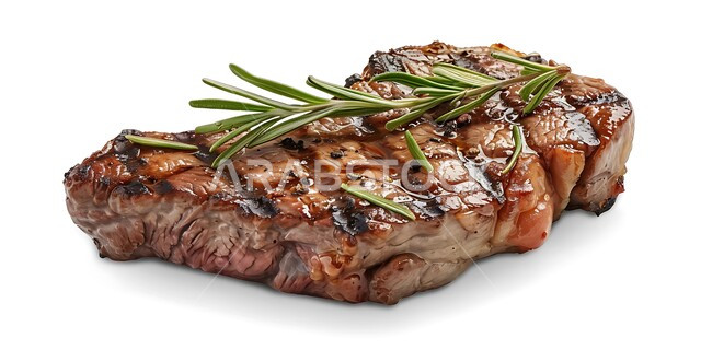 صورة ستيك اللحم المشوي مع إكليل الجبل و البهارات، وجبات لحوم الضأن الصحية، المأكولات العربية الشرقية الشهية، مطاعم الأكلات السريعة، وصفات وأطباق متميزة في مطابخ المملكة العربية السعودية، خلفية بيضاء